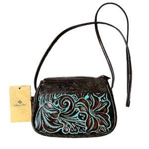 NWT Patricia Nash Bacoli Turquoise Blue Brown Patterned Leather Purse Bag